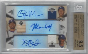 KERSHAW/KEMP/GORDON 2012 TOPPS TRIPLE THREADS AUTO RELIC COMBO SEPIA BGS 9.5/AU9