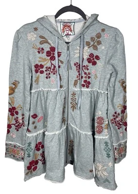 Johnny Was XS Zuzu Tiered Hoodie Grey Floral Embroidered Full Zip Sweatshirt - Image 1 of 4