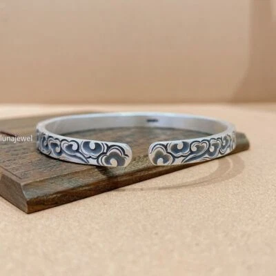 Pure S999 Sterling Silver 999 Auspicious Clouds Wide Bracelet Bangle OPEN-CUFF - Image 1 of 4