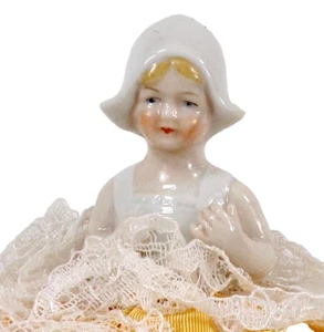 Half Doll Pin Cushion Dutch Girl Porcelain Yellow Gown Lace Vanity Accessory - Picture 1 of 9