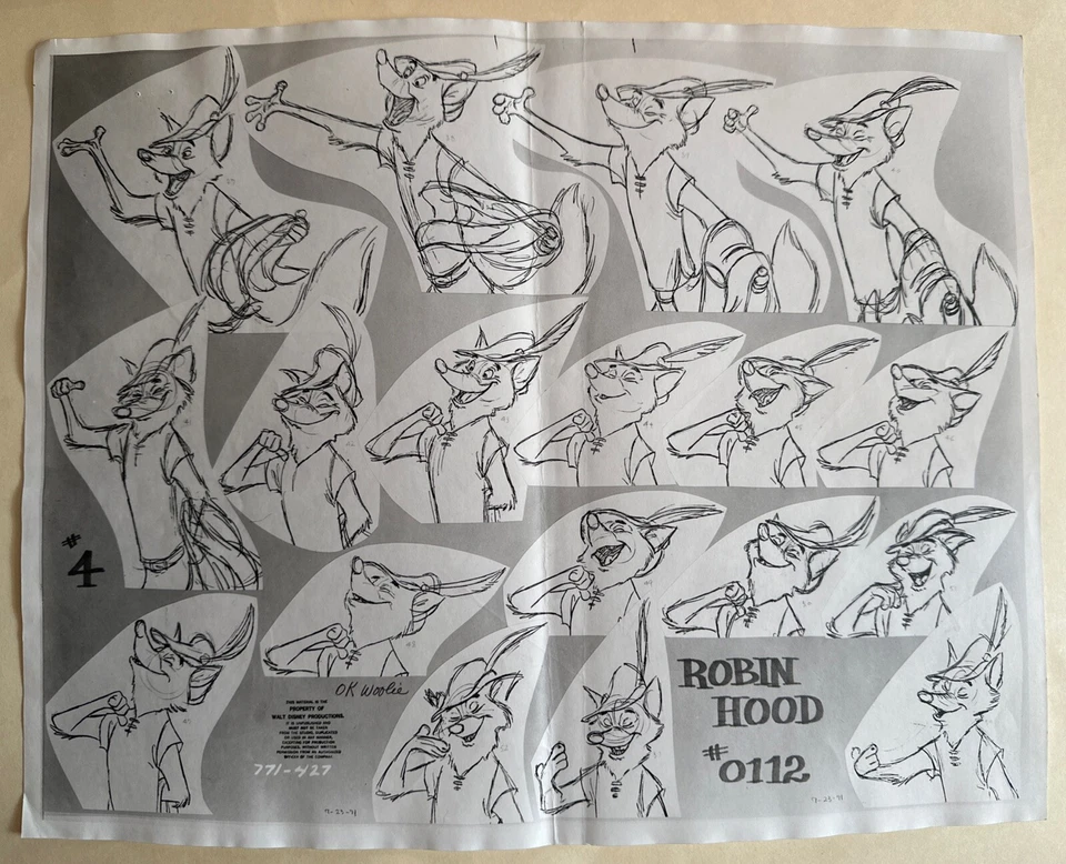 Animación WALT DISNEY ROBIN HOOD #4 1973 HOJA MODELO PRODUCCIÓN ORIGINAL Foto 1 de 1