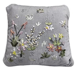 Vtg 12” Gray Square Velvet Throw Pillow Silk Ribbon Embroidery Floral Butterfly - Picture 1 of 4