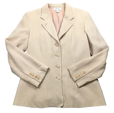 Calvin Klein 羊毛混纺女式西装外套 10 码米色 4 按钮肩垫全新带标签 — 第 1/4 张图片