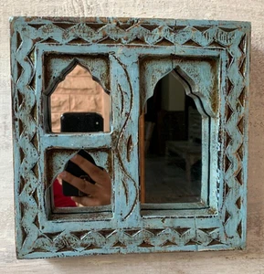 Blue Antique Finish Hand Carved Wooden Mirror Decorative Wall Decor Frame - Picture 1 of 10