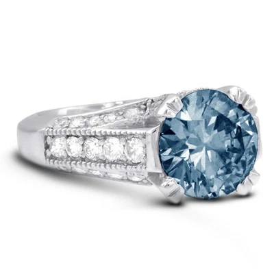 1.96ct Blue SI3 Round Natural Diamonds 14k  Vintage Style Sidestone Ring - Image 1 of 4