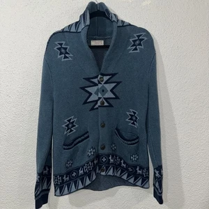 Wallace & Barnes Tribal Pattern Cardigan Adult Medium Blue Cotton Sweater J.Crew - Picture 1 of 17