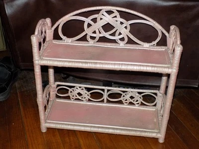 VTG RATTAN BAMBOO WICKER  2-TIER PINK WALL SHELF - 17x17x7" - Image 1 of 4