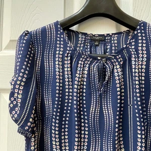 Talbots Petite Women's LP Navy White Red Blue Floral Stripes Cap Sleeve Top - Picture 1 of 13
