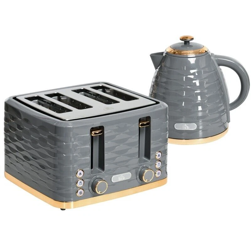Homcom Kettle and Toaster Set 1.7L Rapid Boil Kettle and 4 Slice Toaster - Grey
