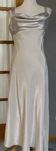 Eureka Evening Gown M/L Silver Satin Cowl Neck Drape Back Elegant Formal Prom - Picture 1 of 14
