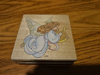 Precious Moments Harp Angel Rubber Stamp Wood Mount 3" x 3" Stampendous UQ014 - Image 1 of 4