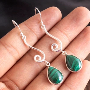 Malachite Gemstone Fine HANDMADE Jewelry 925 Solid Sterling Silver Earring - Picture 1 of 2