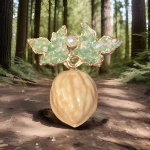 Extremely Rare Vintage BSK Hanging Enamel Walnut & Jade Chips 2.25 inch Brooch - Picture 1 of 19