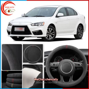 For Mitsubishi Lancer Black Suede Alcantara Car Steering Wheel Cover All Seasons - Picture 1 of 10