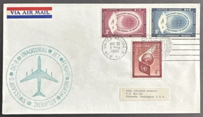 United Nations UN 1960 First Flight Air Mail Cover DC-8 Swissair New York Zurich - Image 1 of 2