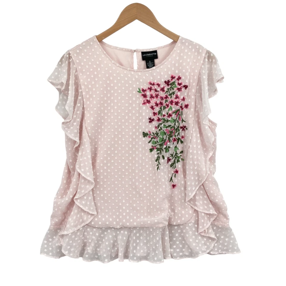 Liz Claiborne Career Blouse Top Womens Medium Pink Embroidered Polka Dot Ruffled - Image 1 of 4