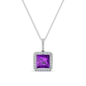 Amethyst Diamond 1 3/4 ctw Halo Pendant Necklace 14K Gold 16" Chain JP:257888 - Picture 1 of 13