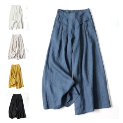 Lady Trousers Loose Elastic High Waist Bottom Casual Wide Leg Cotton Linen Pants - Image 1 of 4