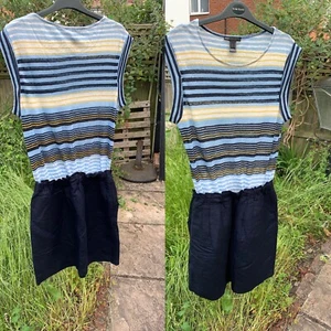 Dress Navy Mix striped top Elasticated Waistband Skirt One Piece Sz 8/10 - Picture 1 of 12