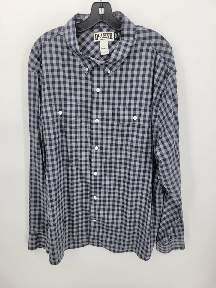 Duluth Shirt Mens 2XL Blue Gray Plaid Untucked Length Button Up Performance - Image 1 of 4