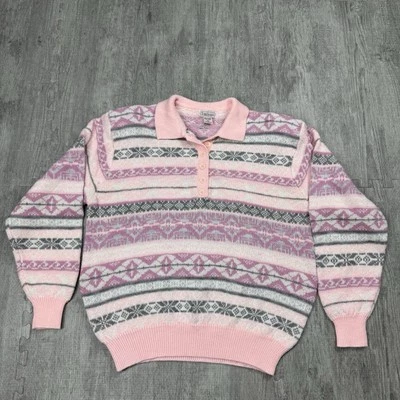 DE COLECCIÓN AÑOS 80 MUJER CUELLO PREPPY PASTEL LINDO FAIR ISLE ROSA PUNTO SUÉTER L ACRÍLICO Foto 1 de 4