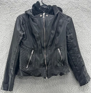 GUESS Black Faux Leather Moto Jacket w/ Knit Hood Women’s Size M Quilted Zip - Picture 1 of 10
