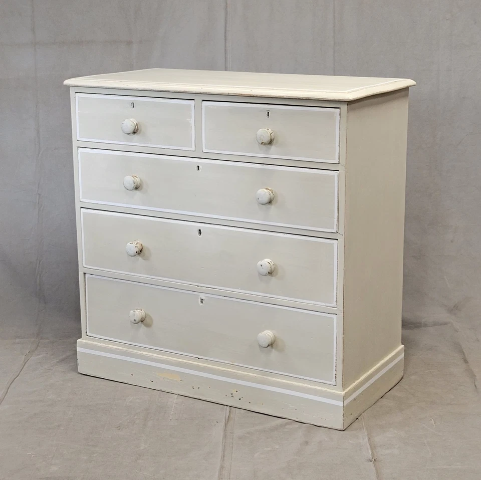 Antique 1920s English Dresser Chest of Drawers with Old Cream and White Paint - Image 1 of 4