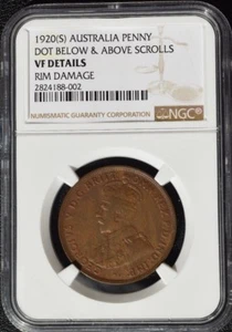 1920 Australia 1 Penny, Dot Above & Below, NGC VF Details - Rim Damage - Picture 1 of 3