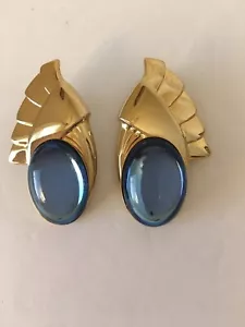 Pendientes Vintage Audaces Grandes Diseño Retro Tono Dorado con Cabujón de Vidrio Azul Brillante - Imagen 1 de 12
