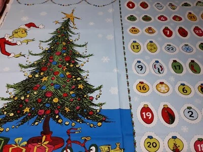 100% Cotton Ex Lg Fabric Panel Grinch Advent Christmas Tree  W 44  " x L 36" - Image 1 of 3