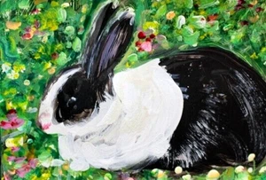 ORIGINAL ACEO Dutch RABBIT Painting Spring Flower Black White Bunny Animal ART - Picture 1 of 1
