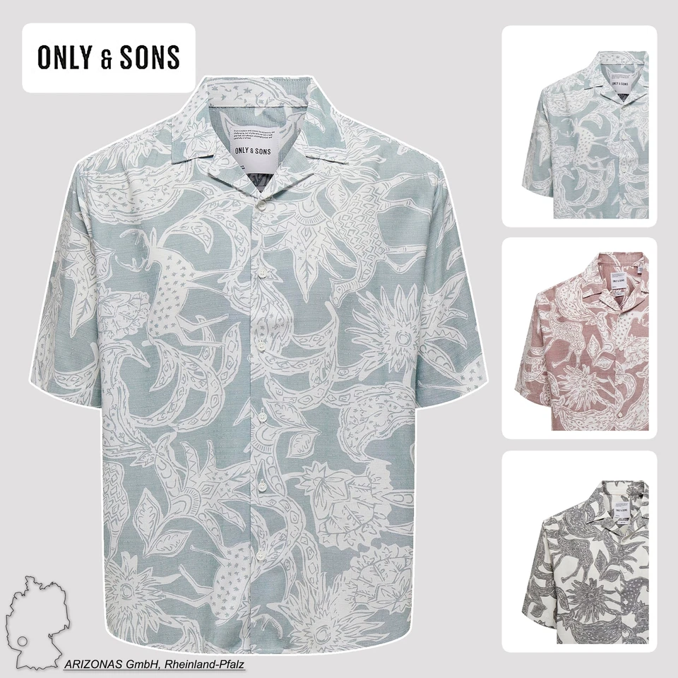 Camicia estiva ONLY & SONS da uomo con colletto resort Comoda maglietta hawaiana - Immagine 1 di 1