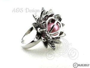 Pearl Cage Ring Lotus Flower Ring Silver Locket Holds Beads Pearl Princess Mulan - Picture 1 of 12