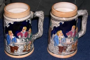 2 German-Style Ceramic, Hand-Painted Beer Steins, Made in Japan, 3 Men at Table - Picture 1 of 1