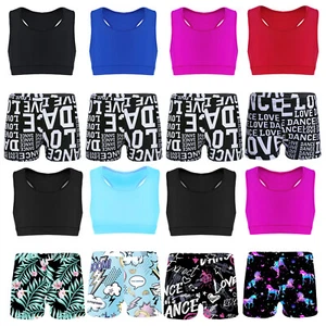 Kids Girls Two Piece Sport Dance Outfits Gymnastic Crop Top Bra with Shorts Set - Picture 1 of 84
