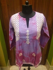 TIE DYE S 38" L 42" CHIKAN EMBROIDERY 100%COTTON ETHNIC TOP HANDMADE KURTA KURTI - Picture 1 of 8