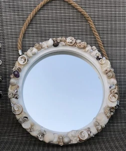 Port hole style handmade sea shell 11 inch mirror beach decor, wall hanging - Picture 1 of 15