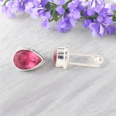 Pink Tourmaline Gemstone 925 Sterling Silver Jewelry Statement Cufflinks 0.66" - Image 1 of 4