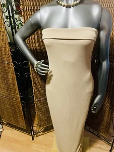 PrettyGarden Ribbed Maxi Dress Beige Bodycon Tube Style Strapless Side Slit Sz M - Picture 1 of 6