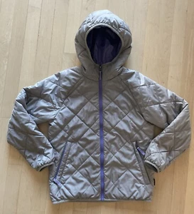 Girls REI 10-12 Hooded Puffy Jacket Gray Purple Pockets  - Picture 1 of 7