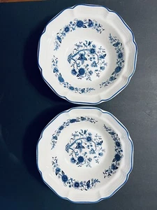 Hankook Seine Blue Scalloped Blue Trim Floral Cereal Soup Bowls Set of 2 - Picture 1 of 9