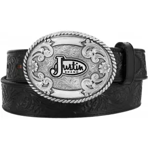 Justin Western Mens Belt Leather Trophy Made In The USA Embossed Black 242BK - Picture 1 of 3