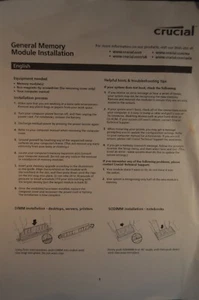 CRUCIAL "GENERAL MEMORY MODULE INSTALLATION" MICRON computer  INSTRUCTIONS  2007 - Picture 1 of 3