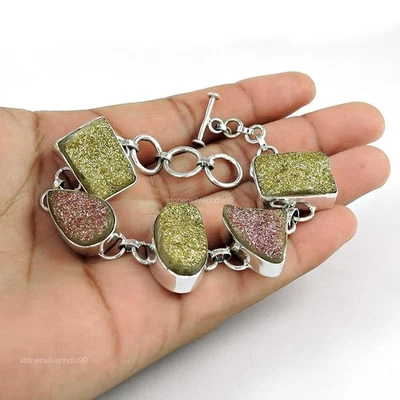 Pulsera Madre Día de Acción de Gracias Bisel Cadena Piedra Druzy Cojín Plata 925 Foto 1 de 4