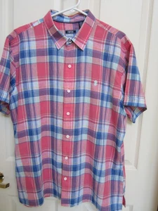 IZOD Plaid Short Sleeve Button Up Men's Shirt ~ XL Blue White Pink ~ Linen Poly - Picture 1 of 8
