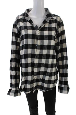 Theory 女式棉质长袖格子印花纽扣衬衫黑色 XL 码 — 第 1/4 张图片