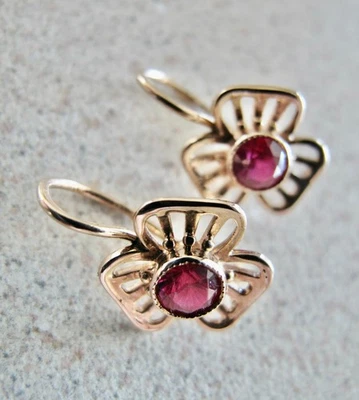 Pendientes trébol soviéticos rusos oro rosa macizo 14K 583 piedra corindón rojo Foto 1 de 4