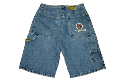 TIMBERLAND - LOGO CARPINTERO Pantalones Cortos Largos Sueltos Azul Jean Denim - Hombres Talla 36 Foto 1 de 4