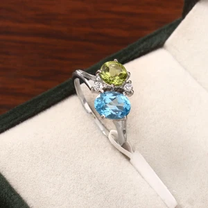 925 Sterling Silver Blue Topaz Peridot Ring Women Oval Gemstone Jewelry Gift Her - Picture 1 of 7