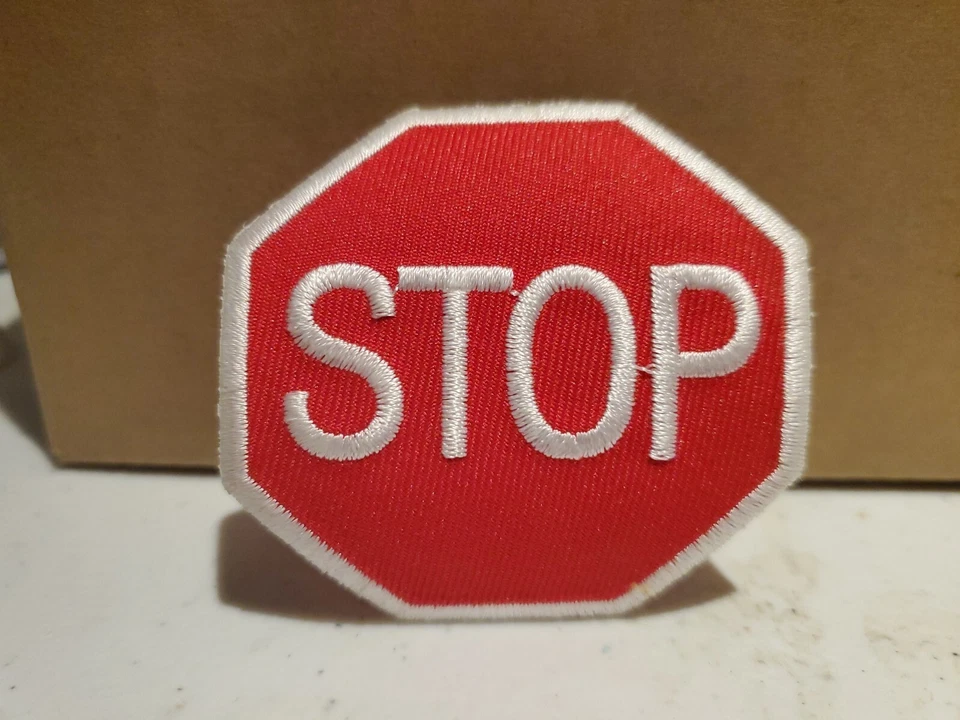 STOP SIGN embroidered PATCH TRAFFIC STREET ROAD SIGN iron-on applique red NEW - Image 1 of 1